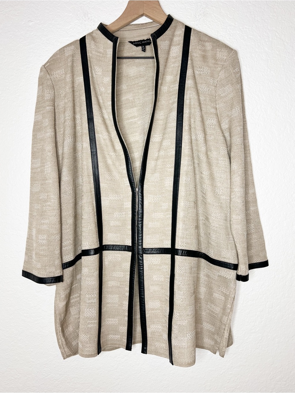 Ming Wang Cardigan Jacket Tan Beige Knit Black Faux Leather Trim size XL